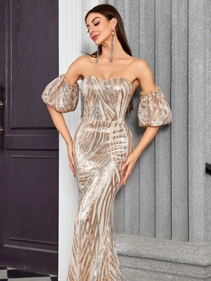 Dazzling Puffed-Sleeves Evening Party  Dress