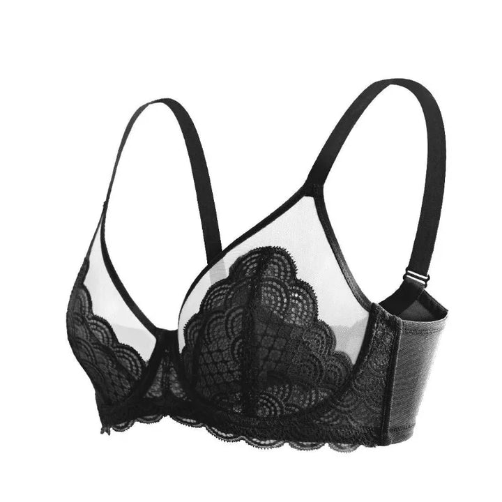 Black lace underwire bra with sheer cups and adjustable straps, studio cutout