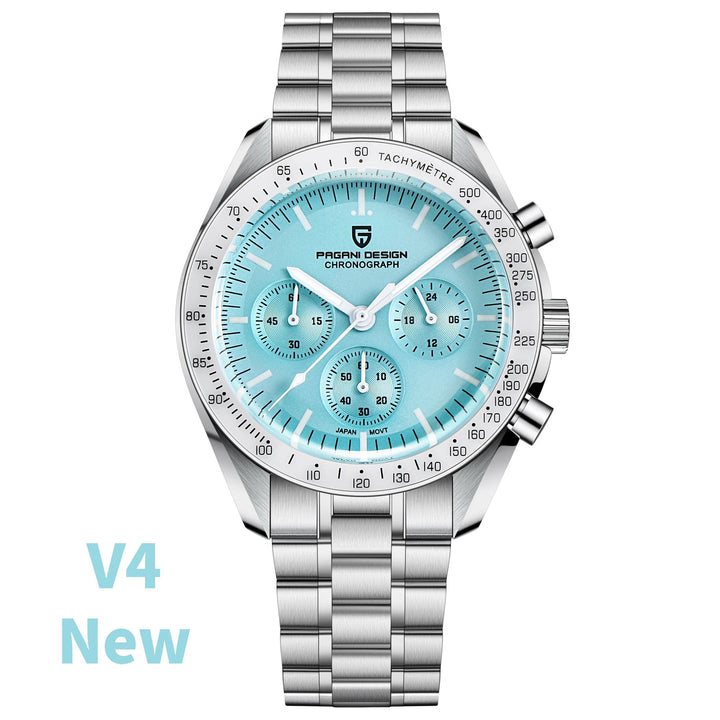 Silver Pagani Design watch with blue face on a white background