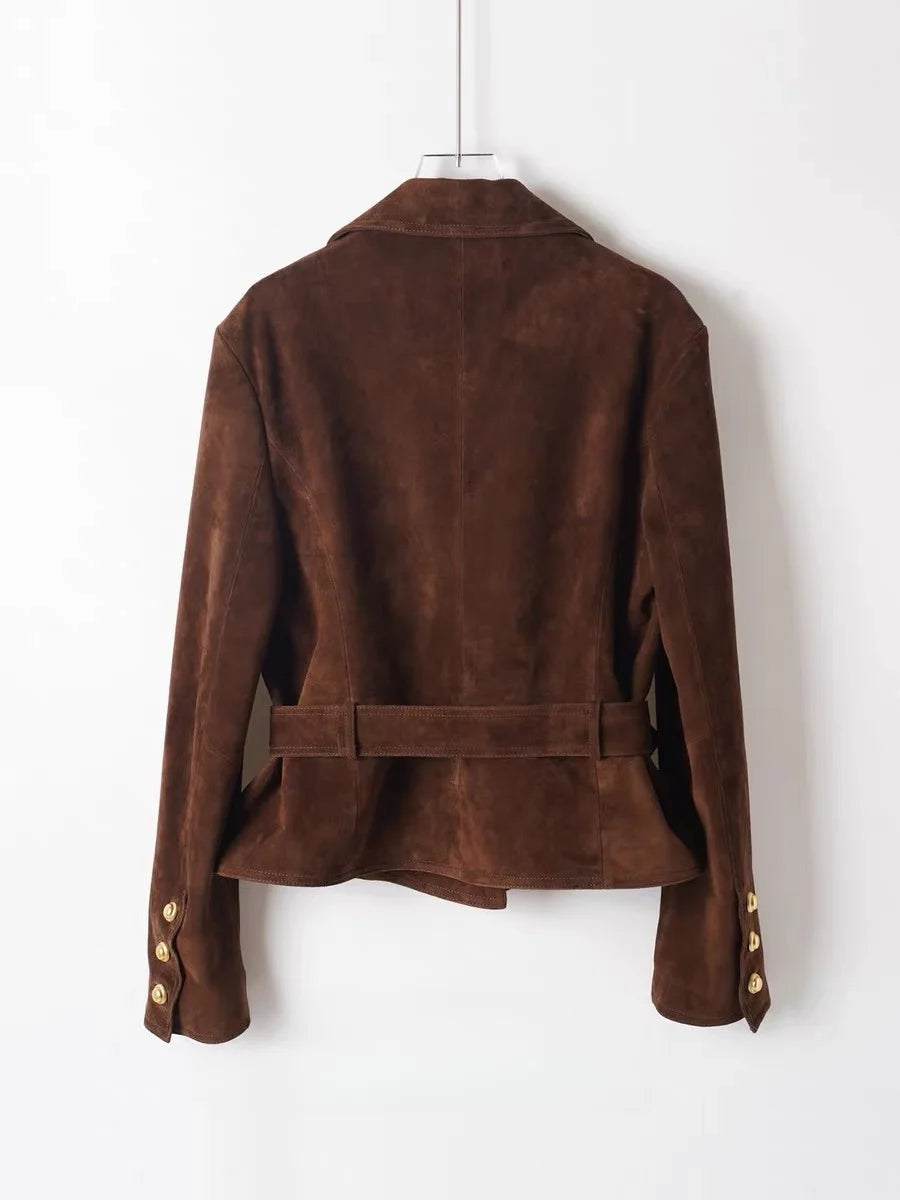 Brown suede women's jacket back view with belted waist and peplum hem