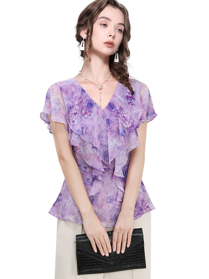 Ruffles V-Neck Chiffon Blouse
