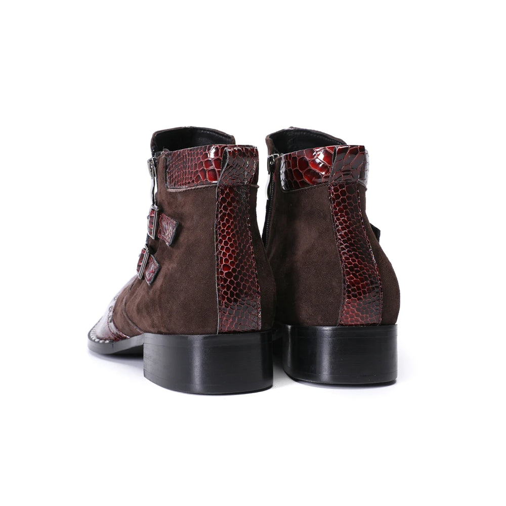 Men's brown pointed-toe ankle boots, rear view, red textured side panels