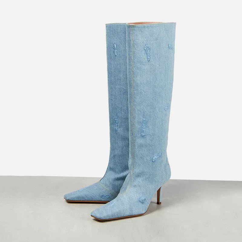 Women’s knee-high fabric boots in light blue with slim heel and side seam
