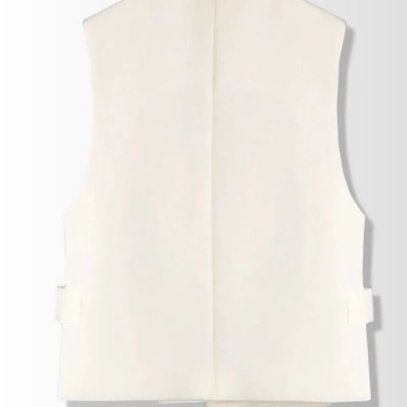 White sleeveless waistcoat back view with clean center panel and irregular hem