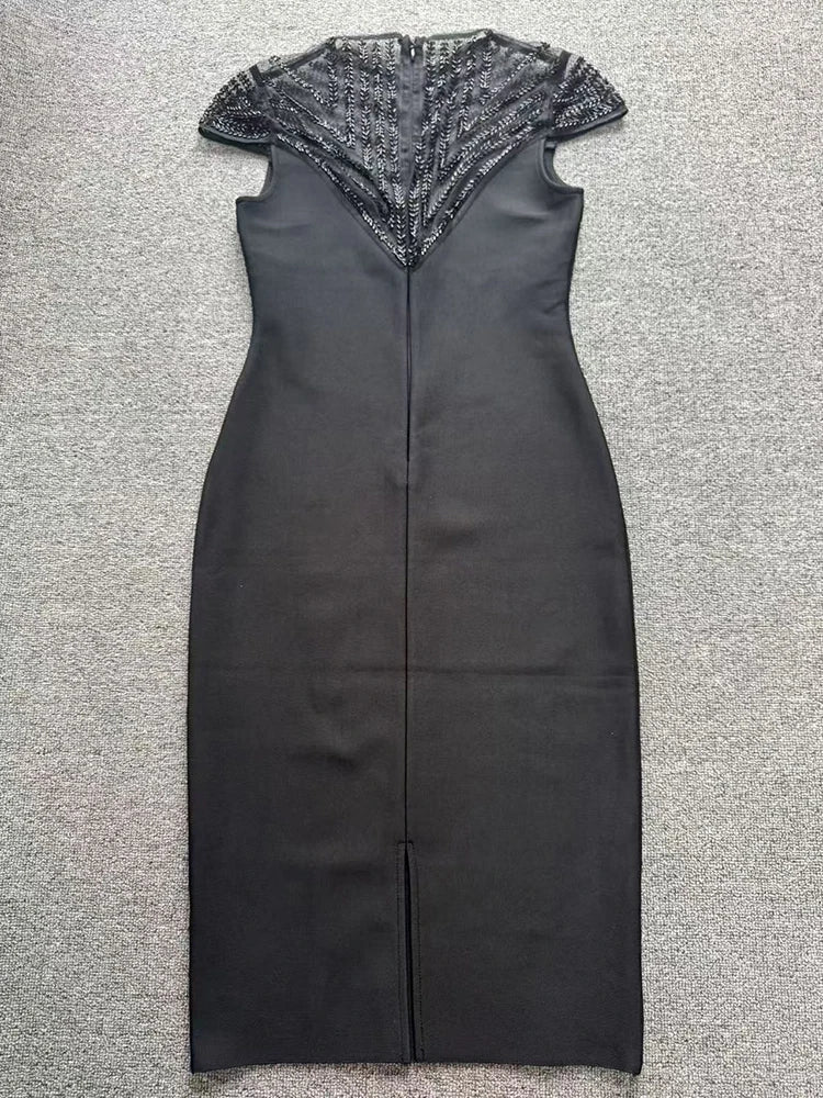 Classic O-Neck Mesh Beaded Cocktail Dress