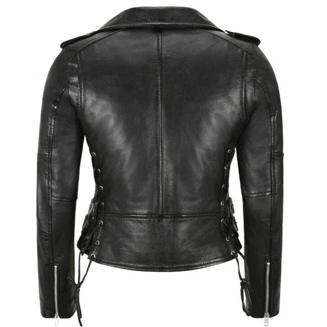 Side Lace Women's Black Leather Jacket | All For Me Today