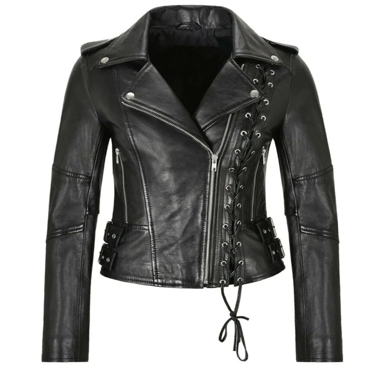 Side Lace Women's Black Leather Jacket | All For Me Today