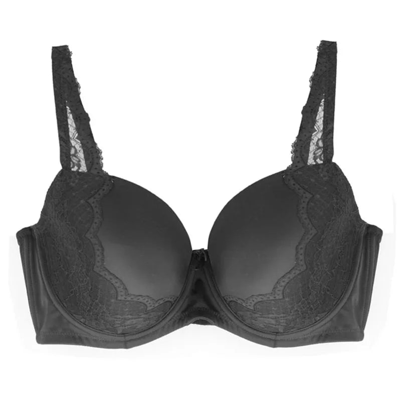 Women’s lace underwire push-up bra, black front view with lace cups and center bow