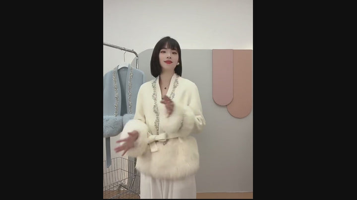 Crystal Beaded Women's Real Natural Fur Coat