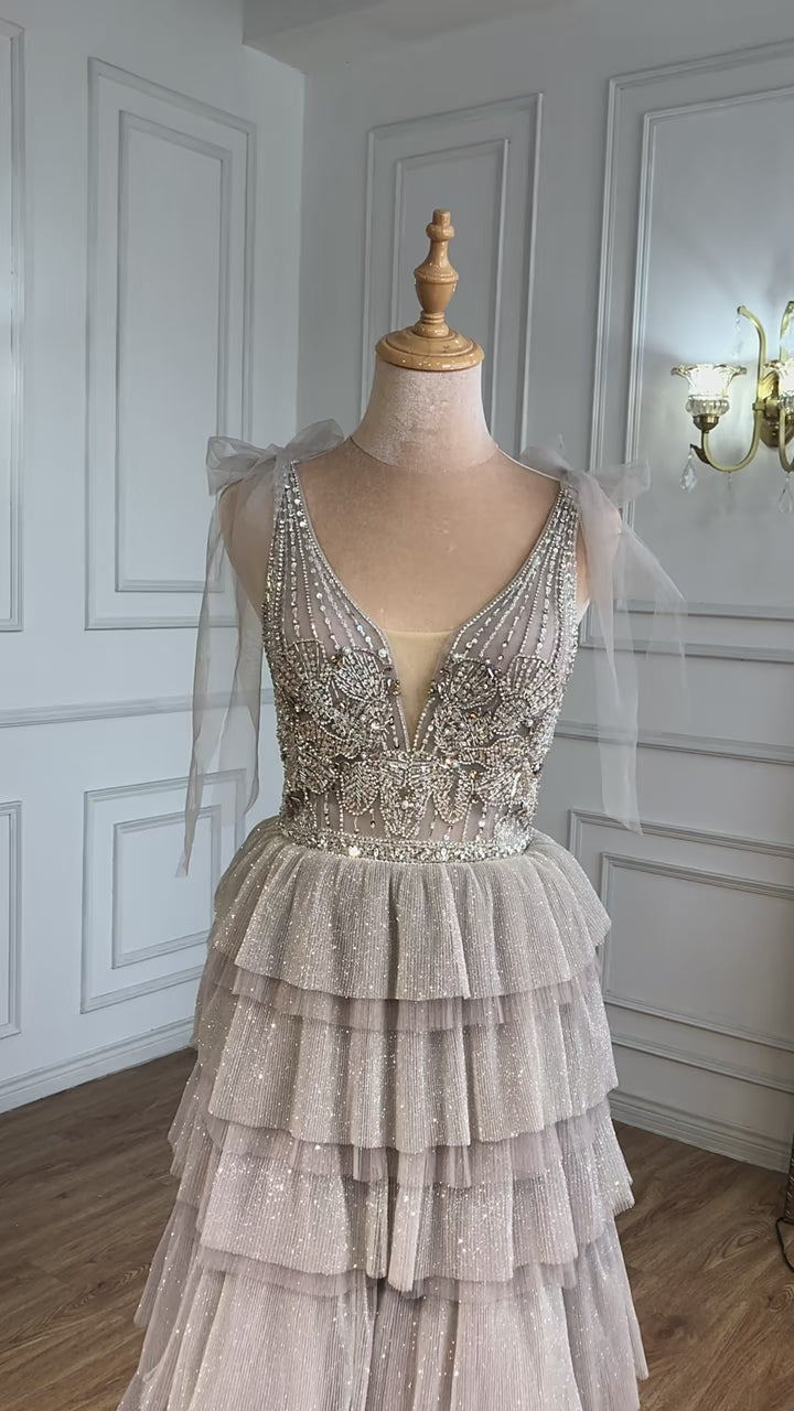 Luxury Beaded Tiered Women's Wedding Party Dress