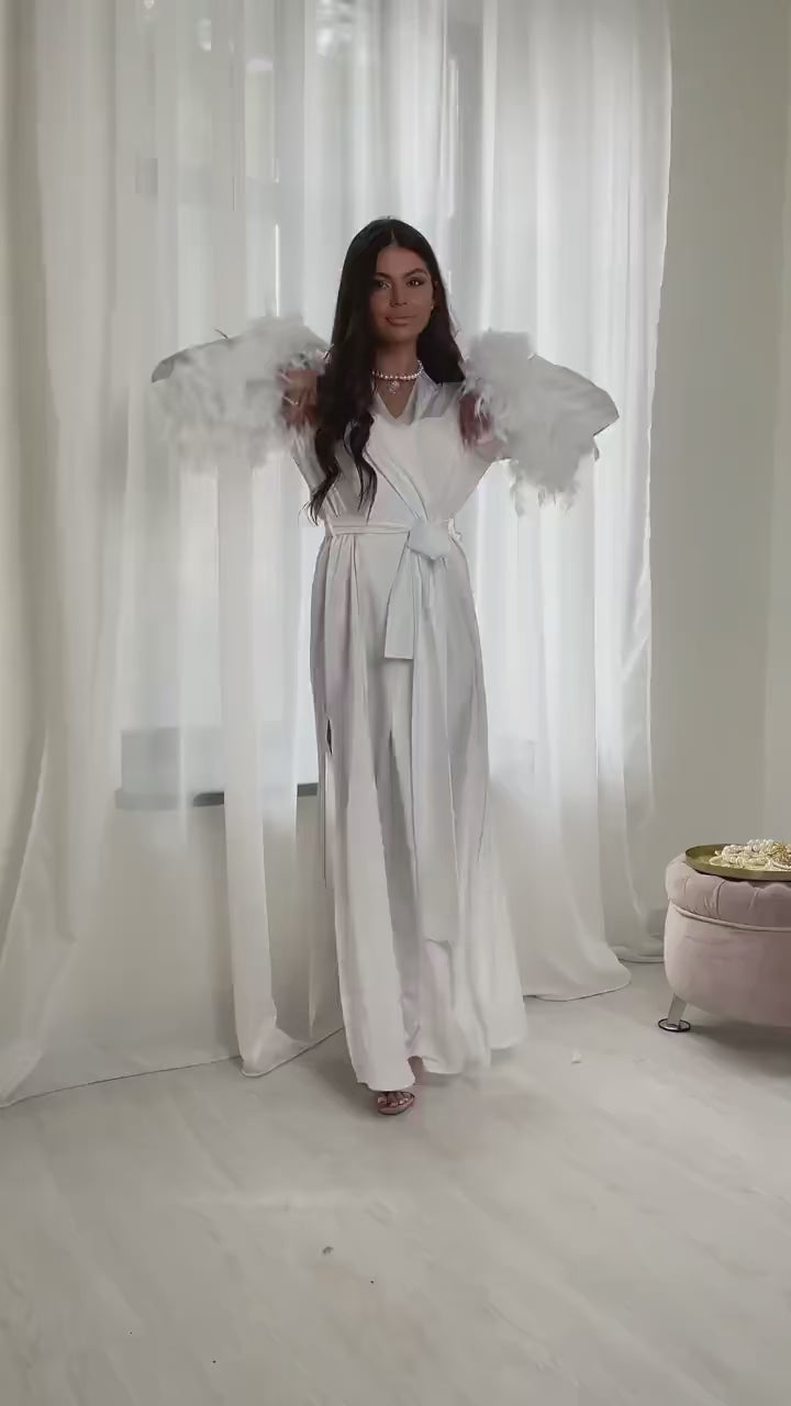 White Silk Bridal Long Robe