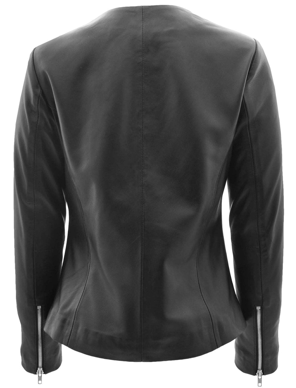 Black Leather Collarless Neckline Soft Fitted Zip Fasten Women's Jacket | All For Me Today