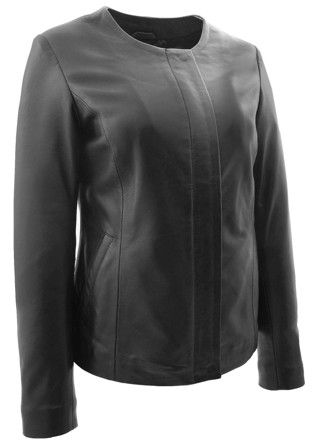 Black Leather Collarless Neckline Soft Fitted Zip Fasten Women's Jacket | All For Me Today