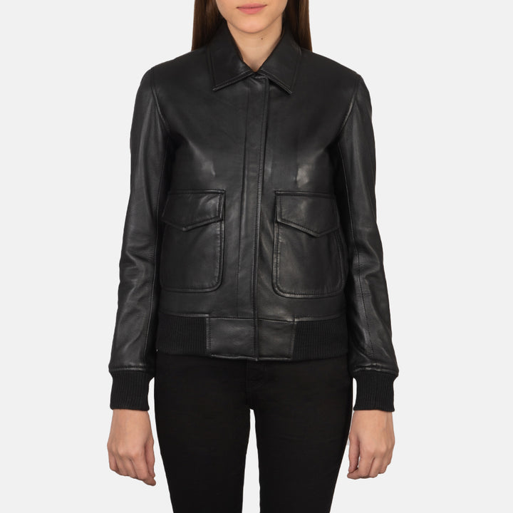 Black Leather Women's Bomber Jacket | All For Me Today