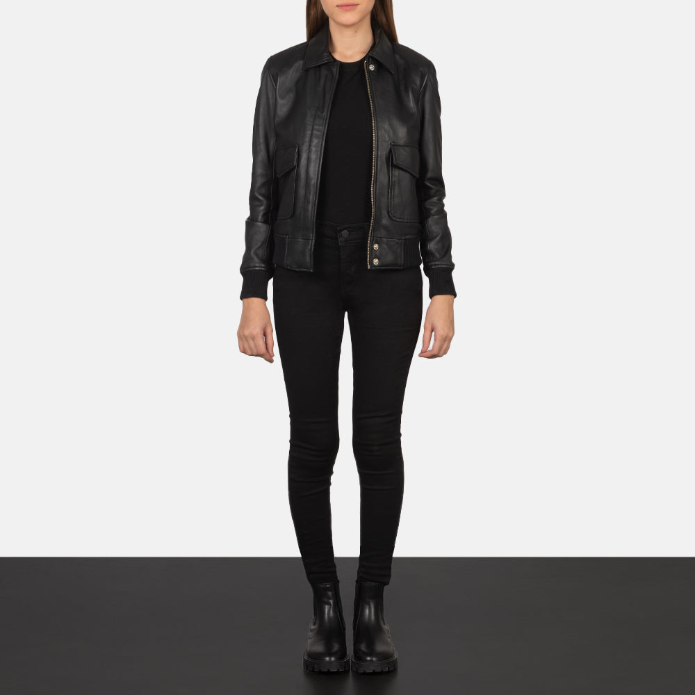 Black Leather Women's Bomber Jacket | All For Me Today