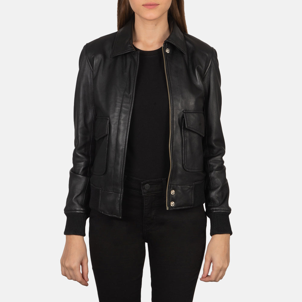 Black Leather Women's Bomber Jacket | All For Me Today