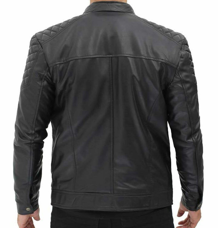 Black Sheepskin Leather Men's Biker Quilted Jacket | All For Me Today