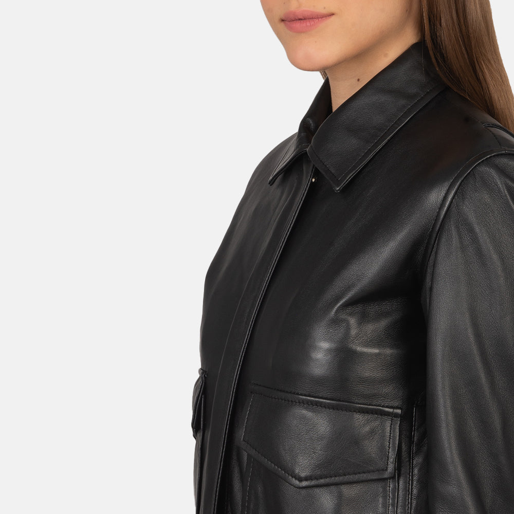 Black Leather Women's Bomber Jacket