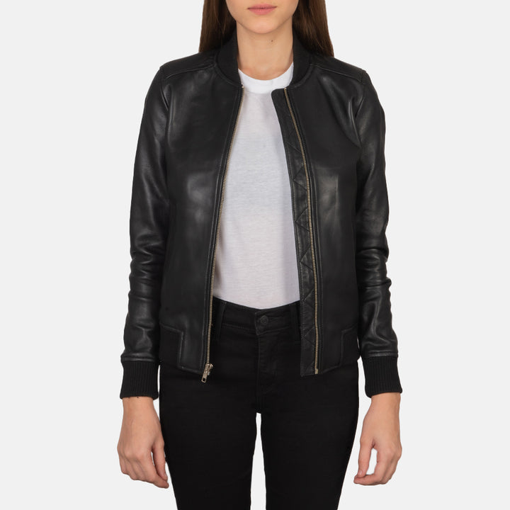 Genuine Black Leather Women's Bomber Jacket