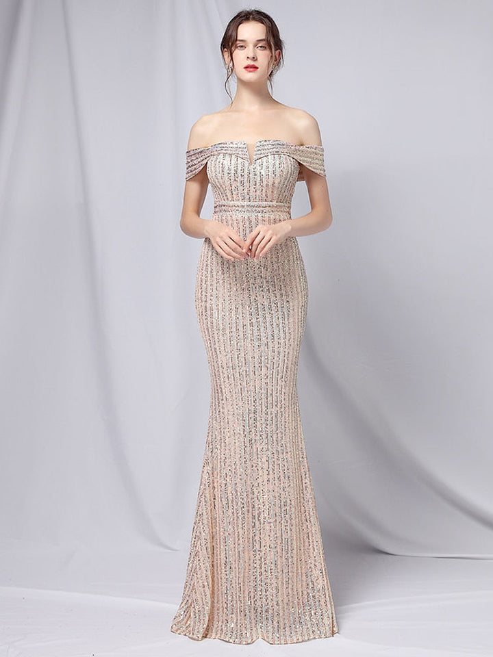 Boat Neck Gold Sequin Long Prom Dress | All For Me Today