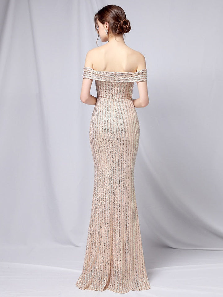 Boat Neck Gold Sequin Long Prom Dress | All For Me Today