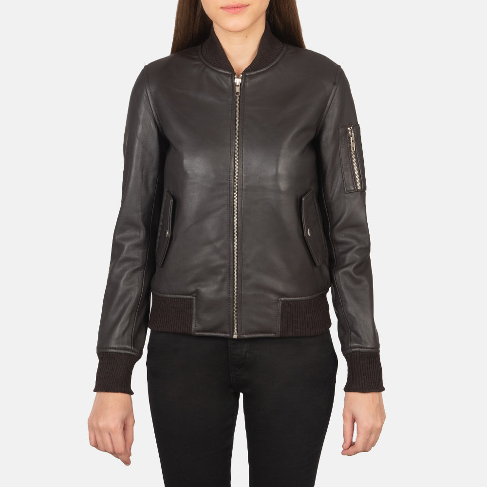 Brown Leather Women's Bomber Jacket | All For Me Today