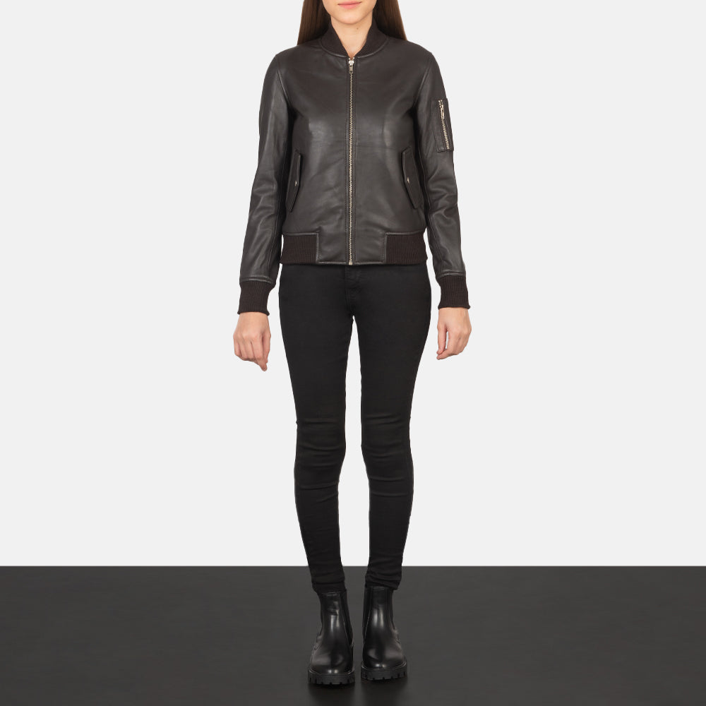 Brown Leather Women's Bomber Jacket | All For Me Today