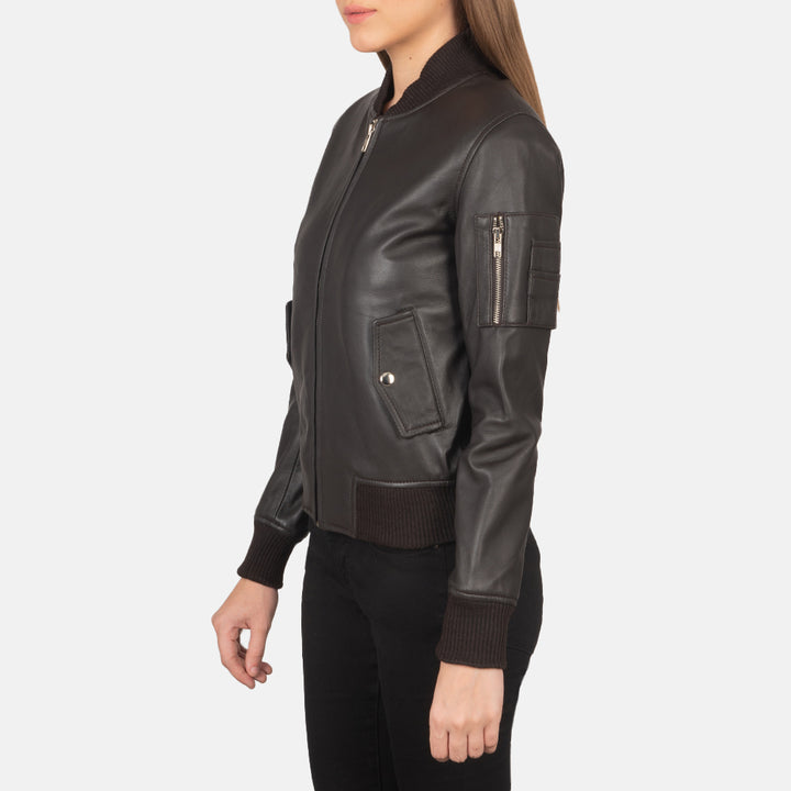 Brown Leather Women's Bomber Jacket