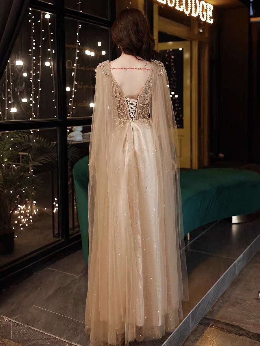 shawl prom dress Cape A Line Women's Beading Shawl Prom Gown
