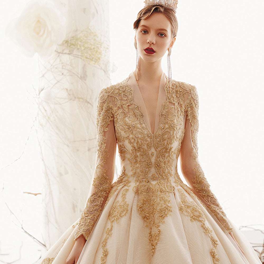 Casamento Gold Appliques Beading Long Sleeve Bridal Dress | All For Me Today
