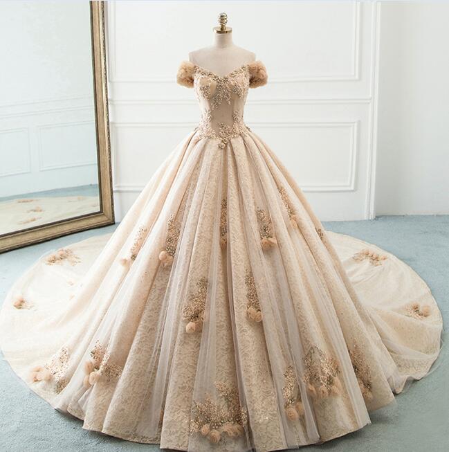 Champagne Tulle Ball Gown Wedding Dress | All For Me Today