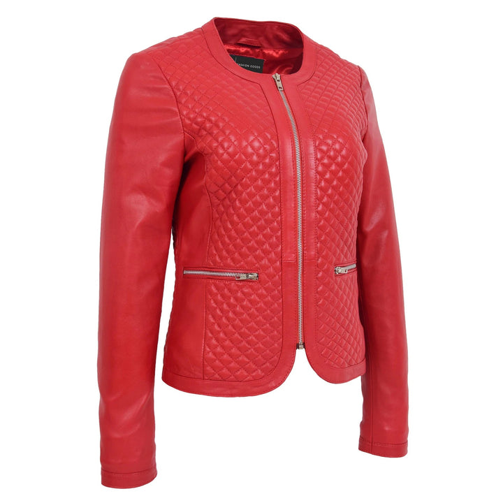 Collarless Quilted Zip Up Fitted Leather Women's Jacket | All For Me Today
