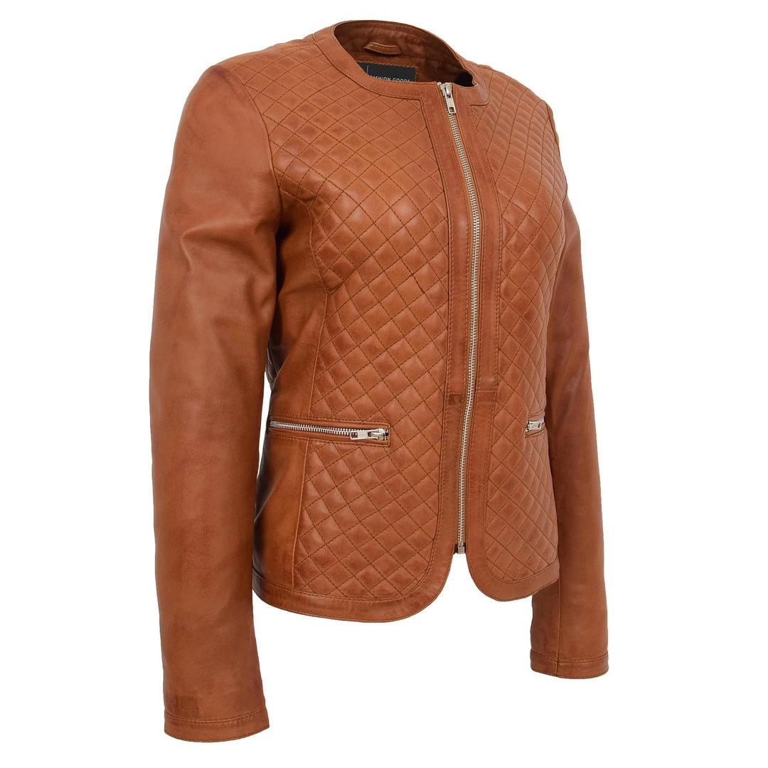Collarless Quilted Zip Up Fitted Leather Women's Jacket | All For Me Today