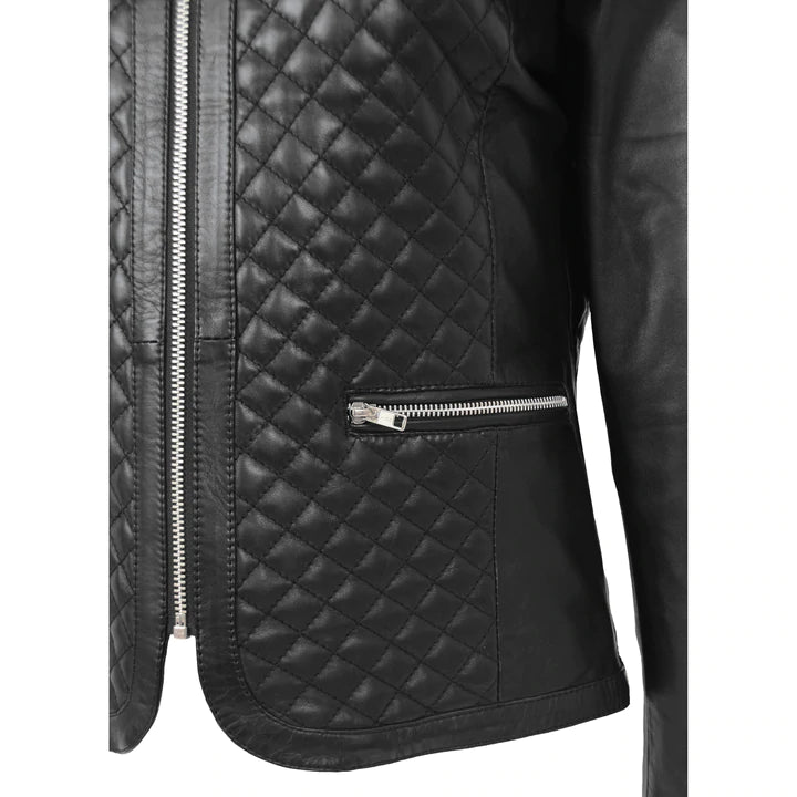 Collarless Quilted Zip Up Fitted Leather Women's Jacket All For Me Today