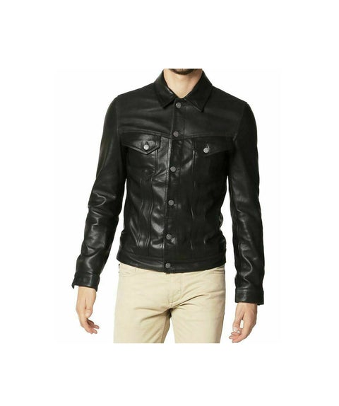 Denim Style Handmade Men's Black Leather Shirt | All For Me Today