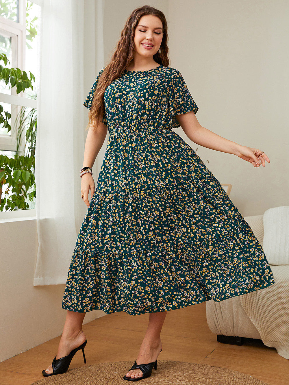 Ditsy Floral Ruffle Hem Plus Size Women's Midi Dress| All For Me Today