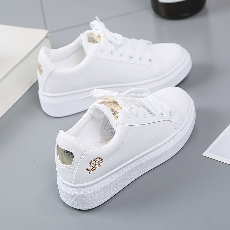 Embroidered White Flower Lace-Up Women Sneakers | All For Me Today