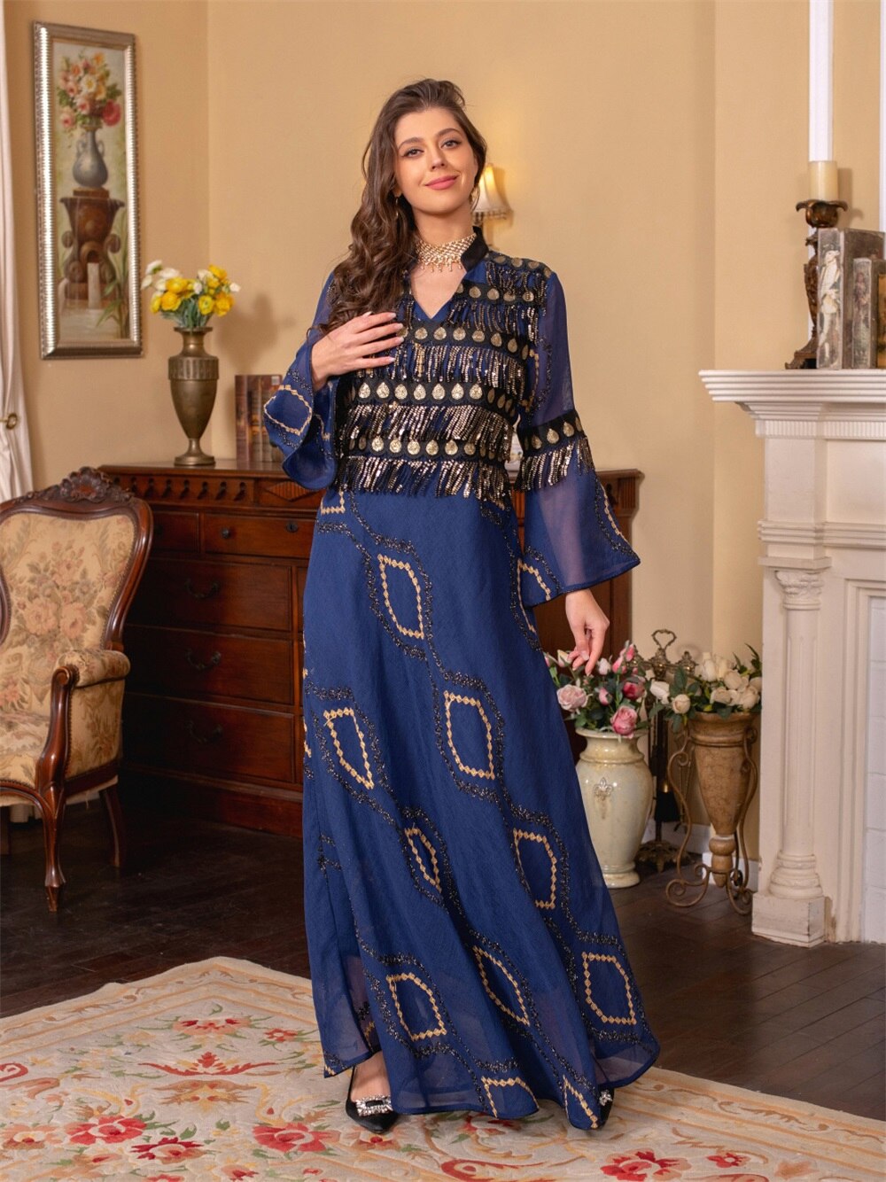 Embroidery Sequins Belted Women's Kaftan Dress | All For Me Today