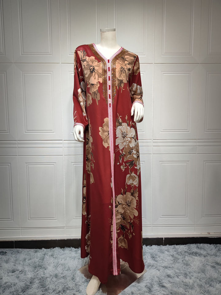 Floral Print Rhinestone Women's Kaftan Abaya Dress | All For Me Today