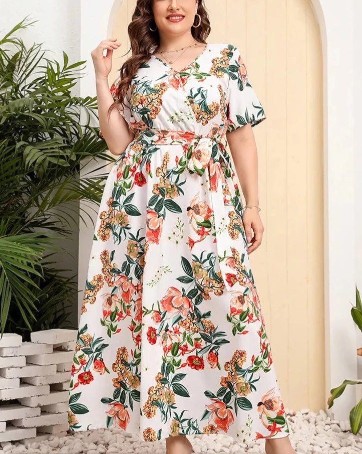 Floral Print Short Sleeve Plus Size Women's Maxi Dresses| All For Me Today