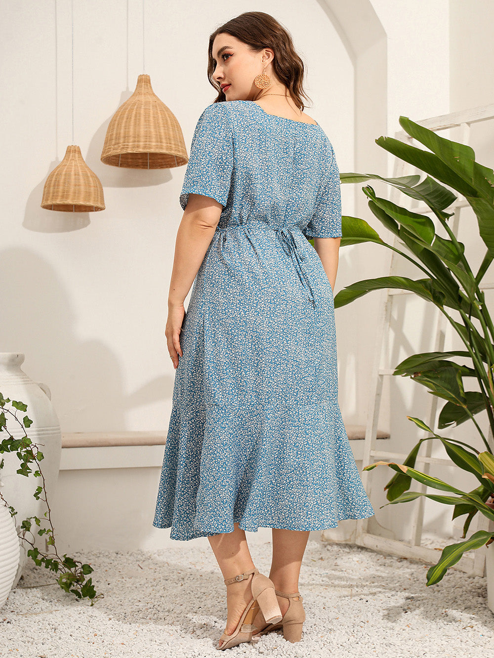 Floral Print Tie Back Ruffle Plus Size Women's Midi Dress | All For Me Today