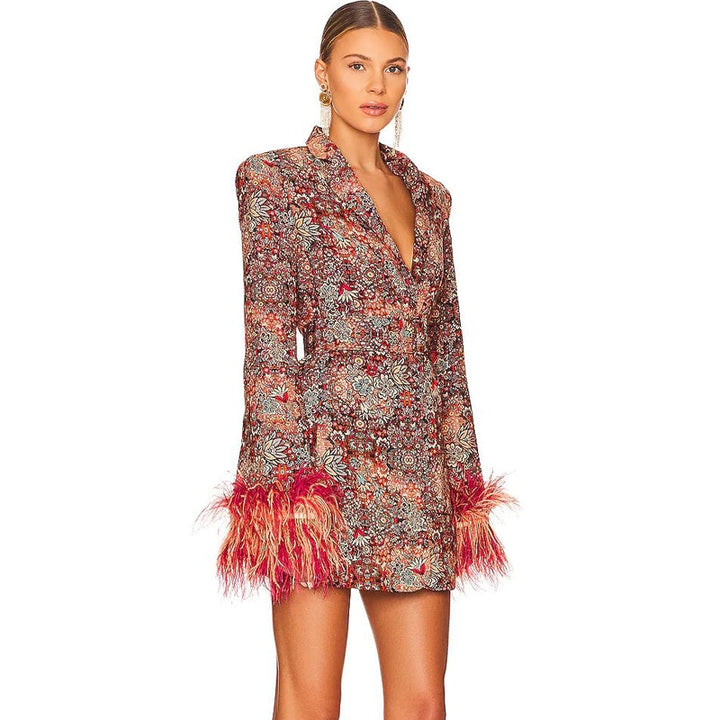 Floral Temperament Women's Fitted Cuff Feather Dress Coat | All For Me Today