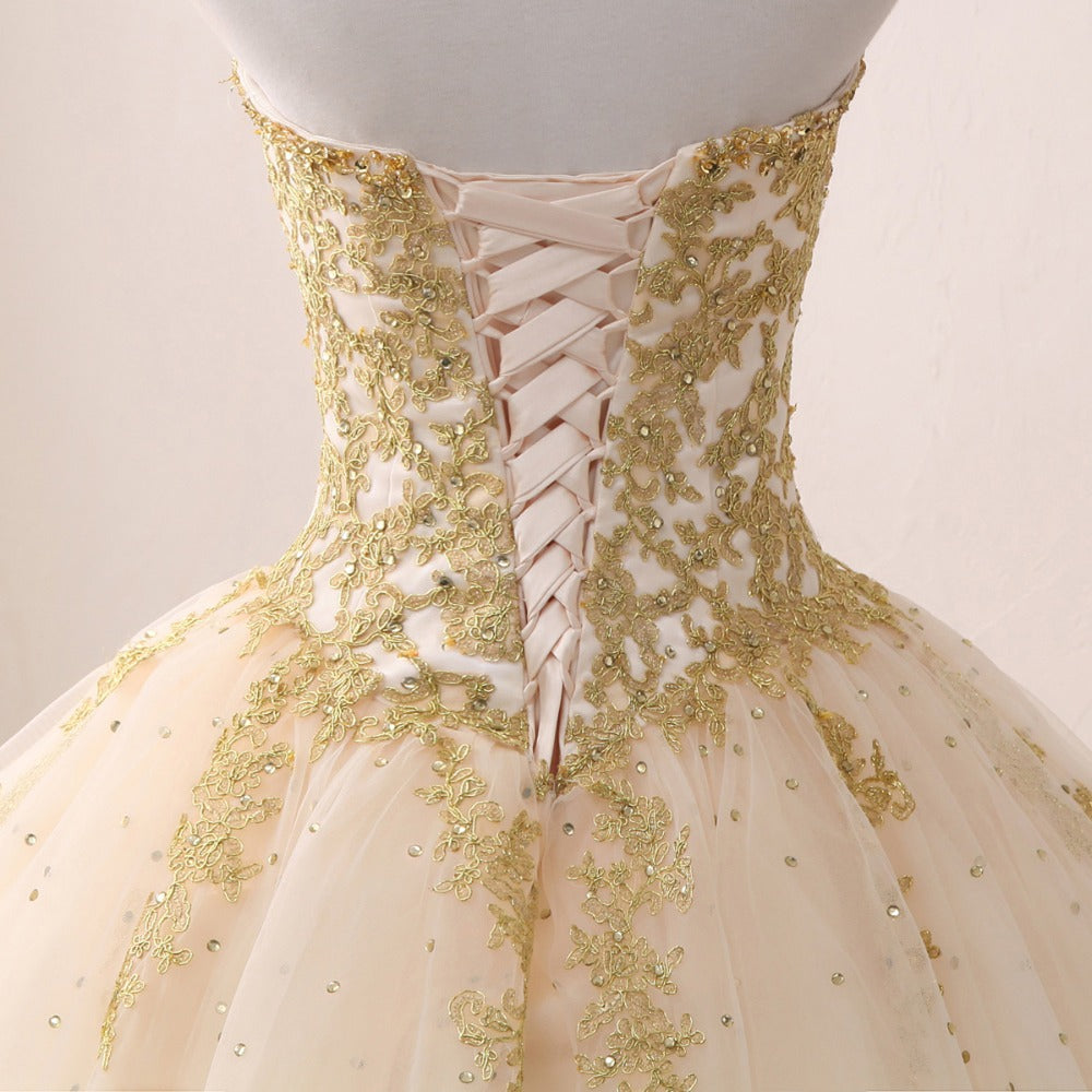 Gold Quinceanera Lace Appliques Beaded Ball Gown | All For Me Today