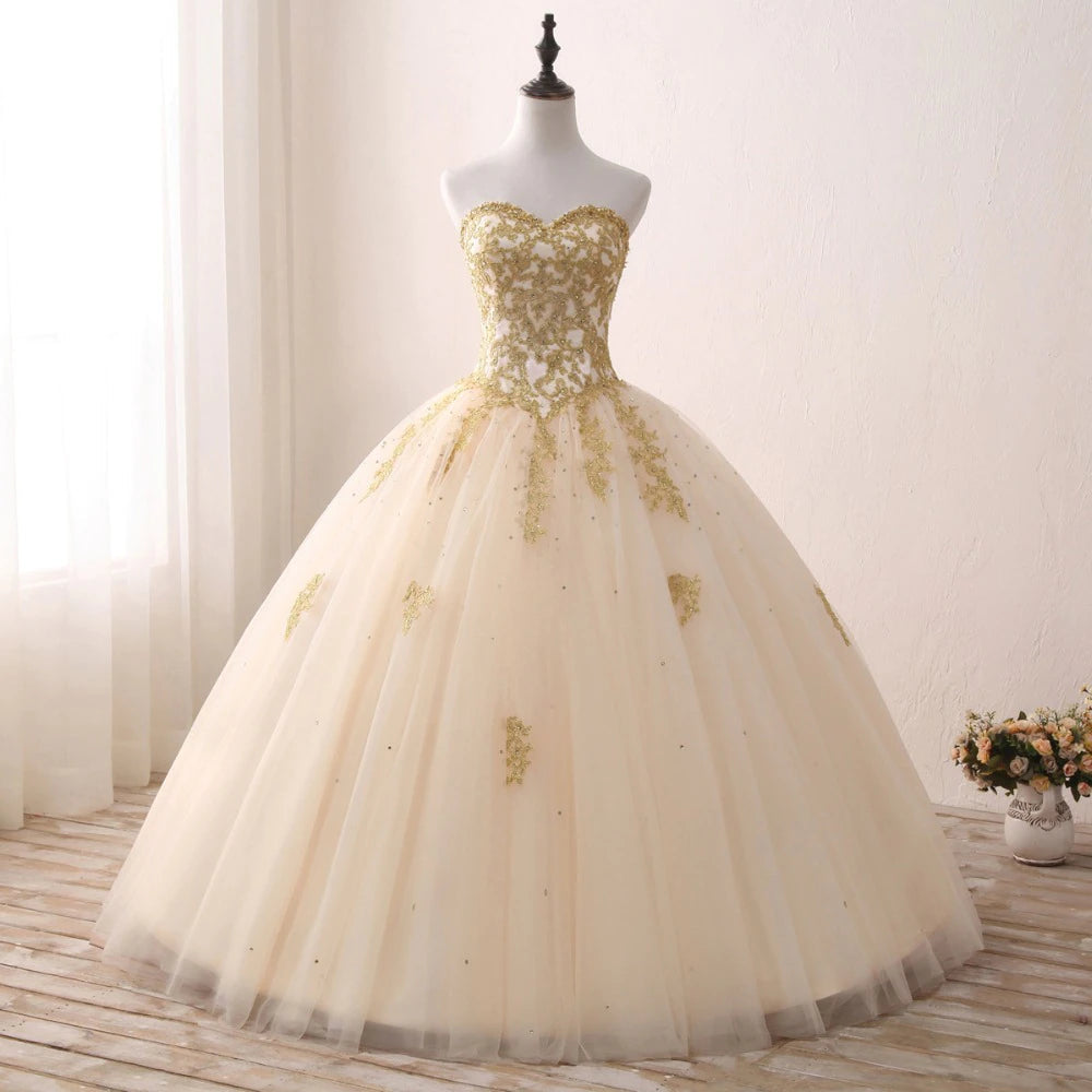 Gold Quinceanera Lace Appliques Beaded Ball Gown | All For Me Today