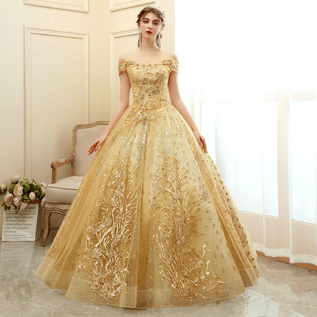 Gold Quinceanera Sparkly Sequined Beaded Party Gown | All For Me Today