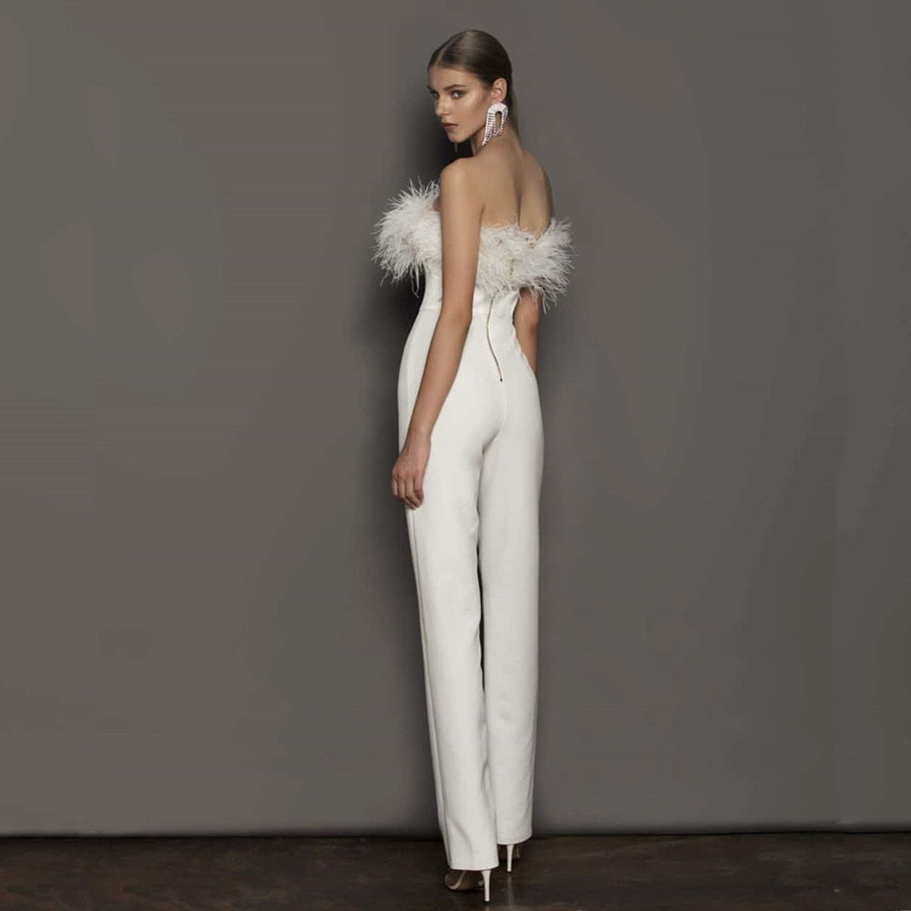 Feather Strapless Bridal Wedding Pantsuit| All For Me Today