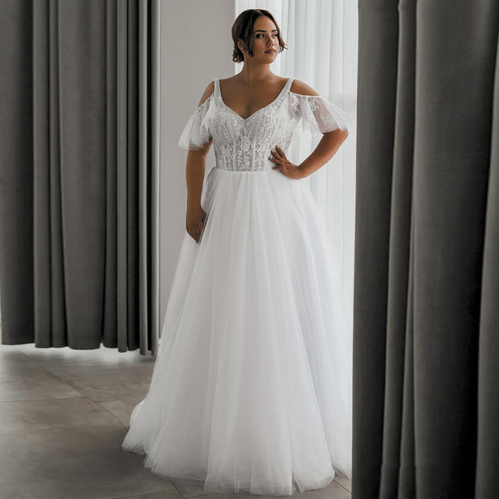 Beading Short Sleeves Plus Size Bridal Dresses| All For Me Today