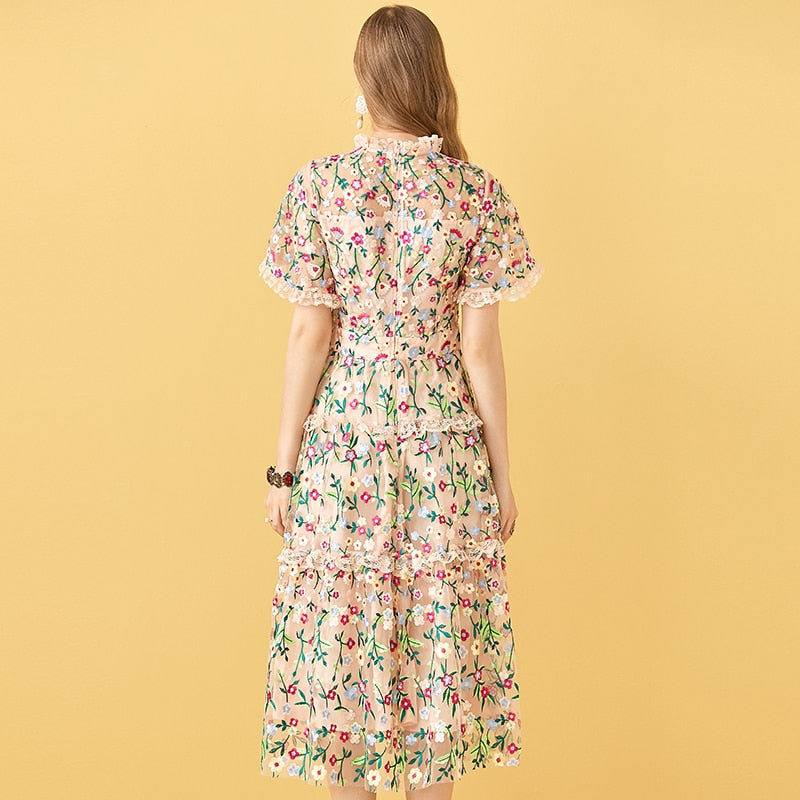 Mesh Flowers Embroidery Women's Midi Dress| All For Me Today