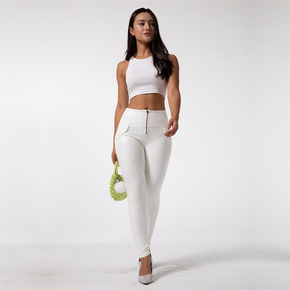 High Waist Stretch Leather Women's White Pants| All For Me Today