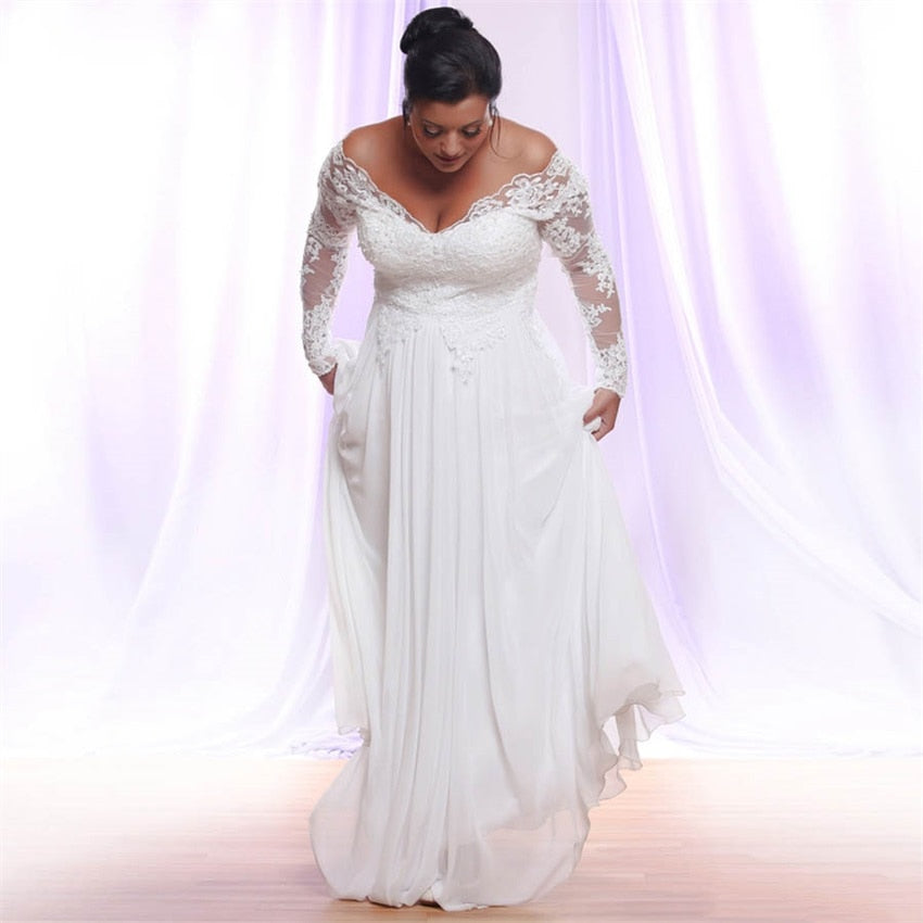 Deep V-neck Applique Plus Size Women's Wedding Gown| All For Me Today